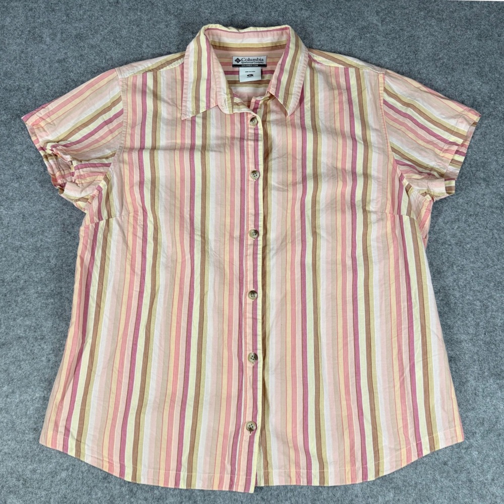 Columbia Sportswear Womens XL Pink Striped Cotton Short Sleeve Button Up XL7869